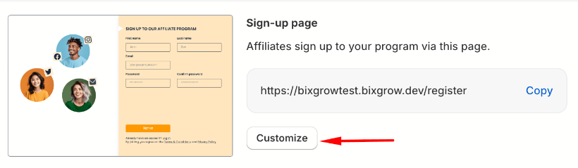 the-button-in-BixGrow-app-to-start-customizing-affiliate-registration-page